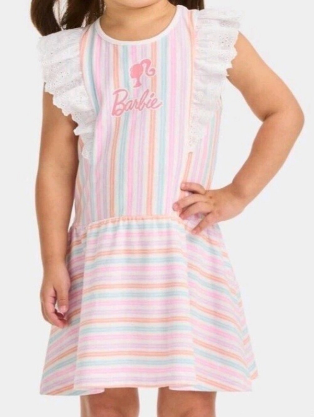 Barbie Pastel Striped Cotton Dress with White Lace Ruffle Sleeves 3T Summer